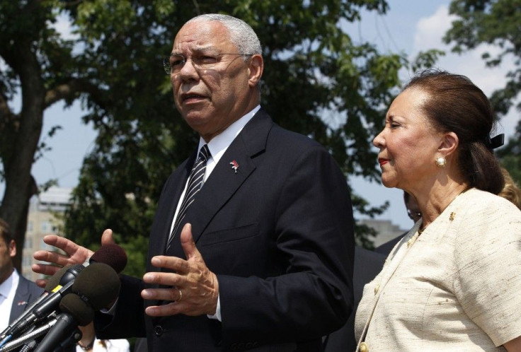 America's Promise Alliance founding chairman Colin Powell and current chairperson Alma Powell talk to the media at the White House in Washington