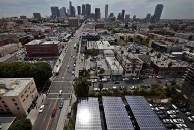 Solar panels are seen in the parking lot of 1929 building Walter J Towers, near downtown Los Angeles, California