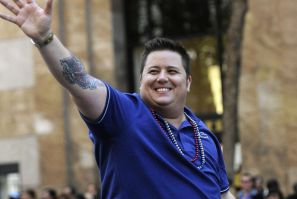 Chaz Bono waves during the 41st LGBT Pride parade in San Francisco