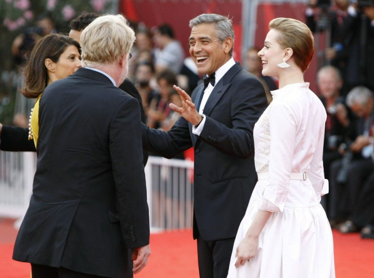 Actors Clooney, Hoffman Wood arrive on the &quot;The Ides of March&quot; red carpet at the 68th Venice Film Festival in Venice