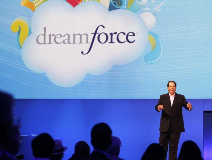 Salesforce CEO Marc Benioff walks speaks to the crowd during his keynote address at the Dreamforce event in San Francisco