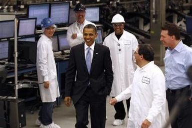 President Barack Obama tours Solyndra, Inc., a solar panel manufacturing facility in Fremont, California