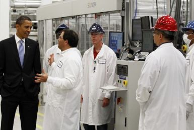 U.S. President Barack Obama tours Solyndra, Inc., a solar panel manufacturing facility in Fremont