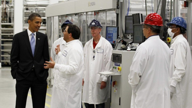 U.S. President Barack Obama tours Solyndra, Inc., a solar panel manufacturing facility in Fremont