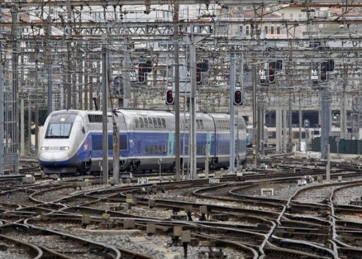 A French High Speed Train (TGV) arrives at Marseille's railway station during a national strike.