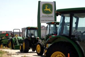 John Deere commercial vehicles are seen at a dealer in Longmont, Colorado