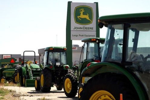 John Deere commercial vehicles are seen at a dealer in Longmont, Colorado