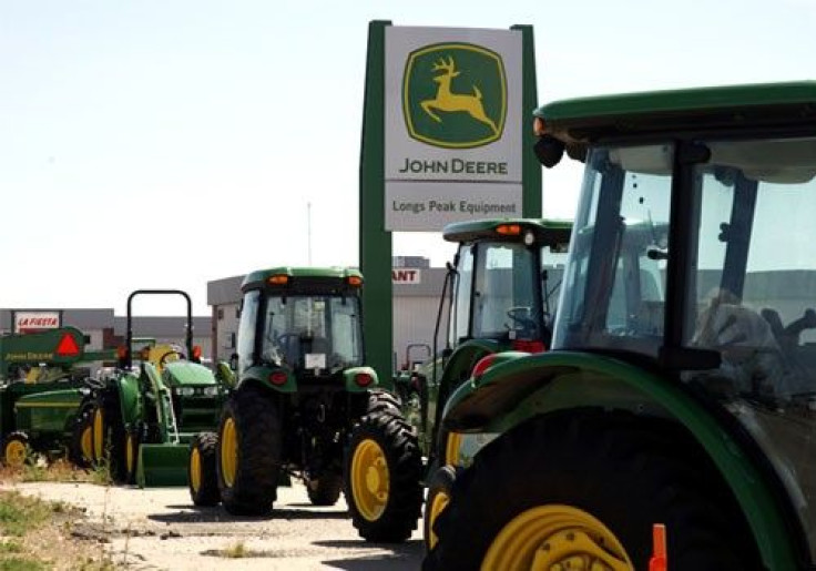 John Deere commercial vehicles are seen at a dealer in Longmont, Colorado