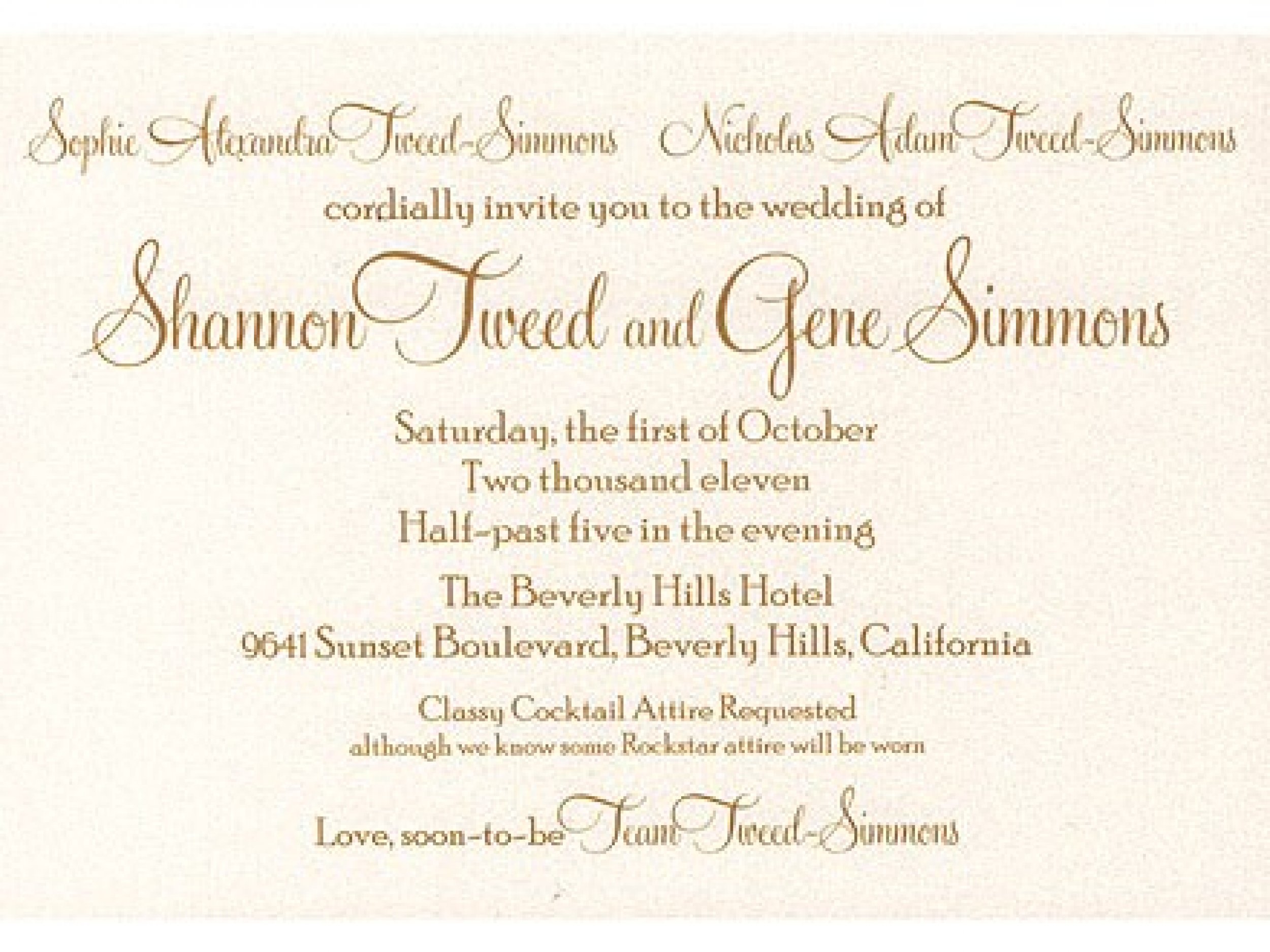 Gene Simmons and Shannon Tweed wedding invatation.