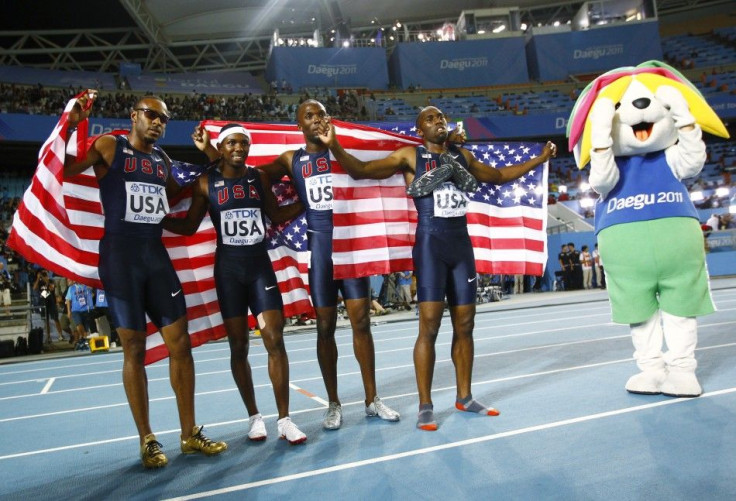 US team celebrates after winning the men&#039;s 4x400 metres relay final at the IAAF World Championships in Daegu