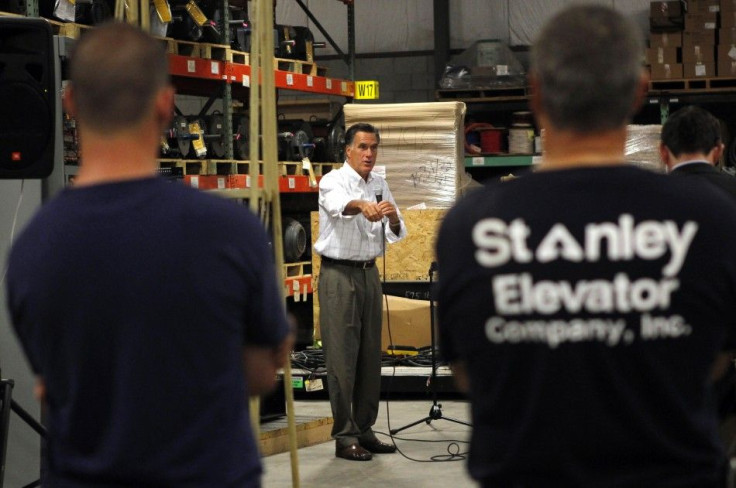 Republican presidential candidate Mitt Romney speaks to employees during a visit to Stanley Elevators in Merrimack