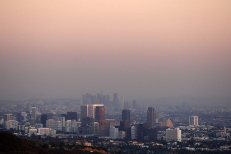 Century City and downtown Los Angeles are seen through the smog