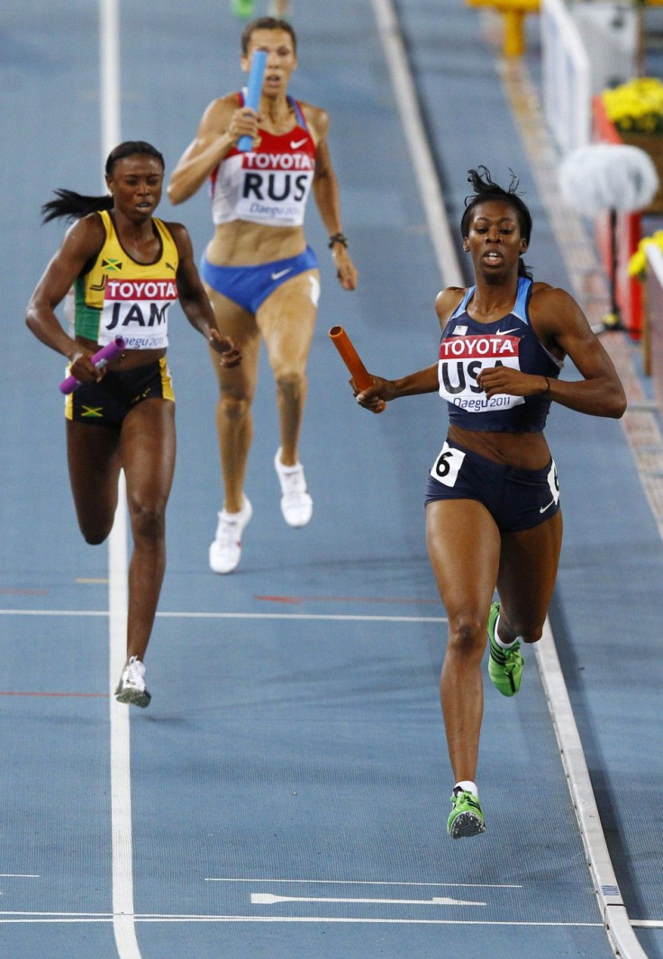 McCorory of the U.S. crosses the finish line to win during the women&#039;s 4x400 metres relay final at the IAAF World Athletics Championships in Daegu