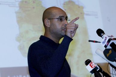 Saif al-Islam Gaddafi, the son of Libyan leader Muammar Gaddafi, speaks during a news conference in Tripoli