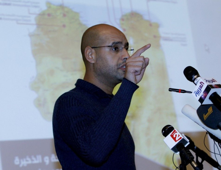 Saif al-Islam Gaddafi, the son of Libyan leader Muammar Gaddafi, speaks during a news conference in Tripoli
