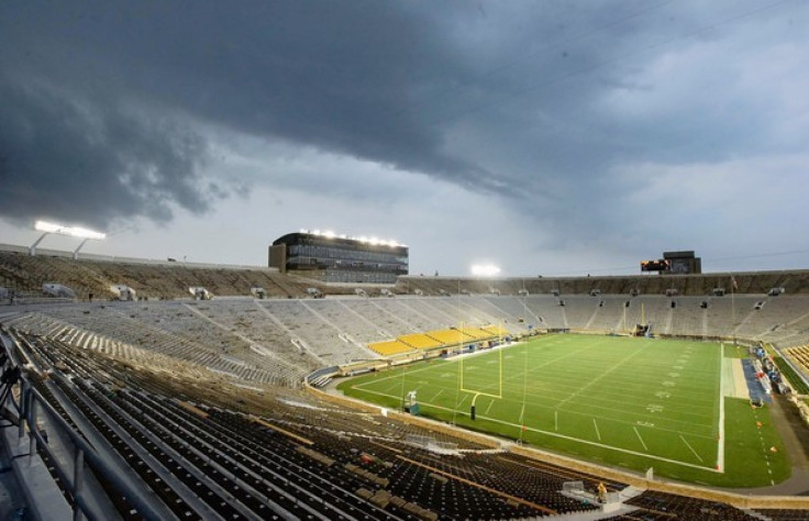 A general view as severe weather delays the game.