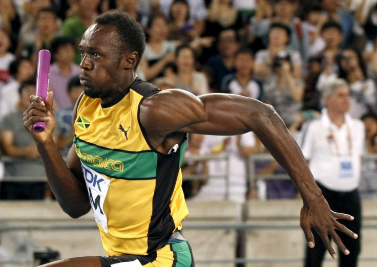 Usain Bolt of Jamaica sprints to the finish line winning the men&#039;s 4x100 metres relay final in Daegu