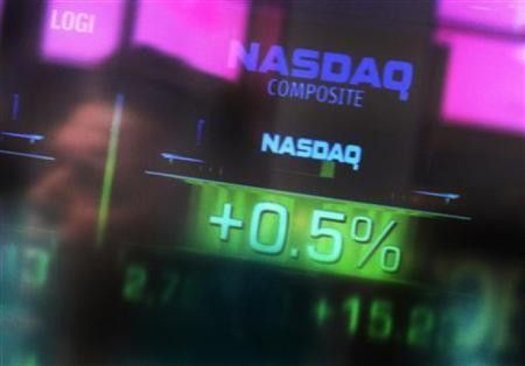The Nasdaq Composite stock market index is seen inside its studios at Times Square in New York in this file image