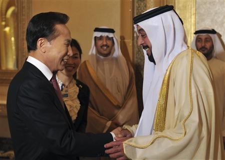 Visiting South Korean President Lee Myung-bak L talks with his UAE counterpart Sheikh Khalifa bin Zayed al-Nahayan during their summit in Abu Dhabi in the United Arab Emirates UAE December 27, 2009.