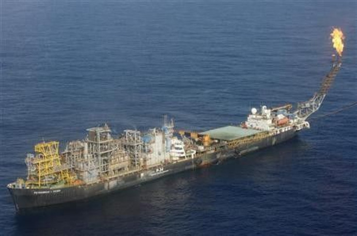 An aerial view shows the state oil company Petrobras P-34 oil rig in Brazil, 