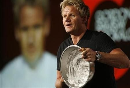 Chef Gordon Ramsay, star of the new program ''Gordon Ramsay: Cookalong Live'', whips egg whites as he makes Baked Alaska at the Fox Summer Television Critics Association press tour in Pasadena, California