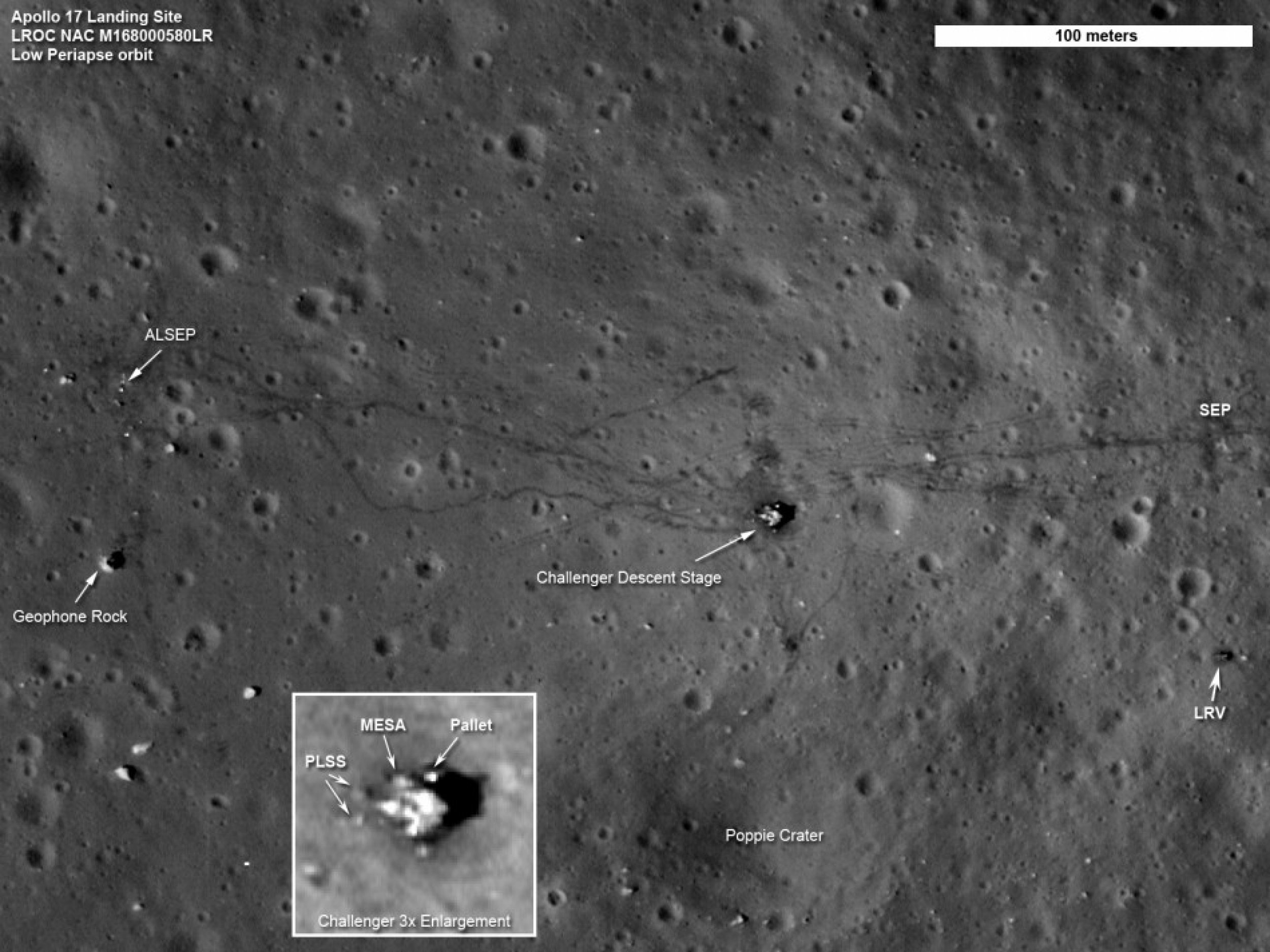 The twists and turns of the last tracks left by humans on the moon crisscross the surface in this LRO image of the Apollo 17 site.