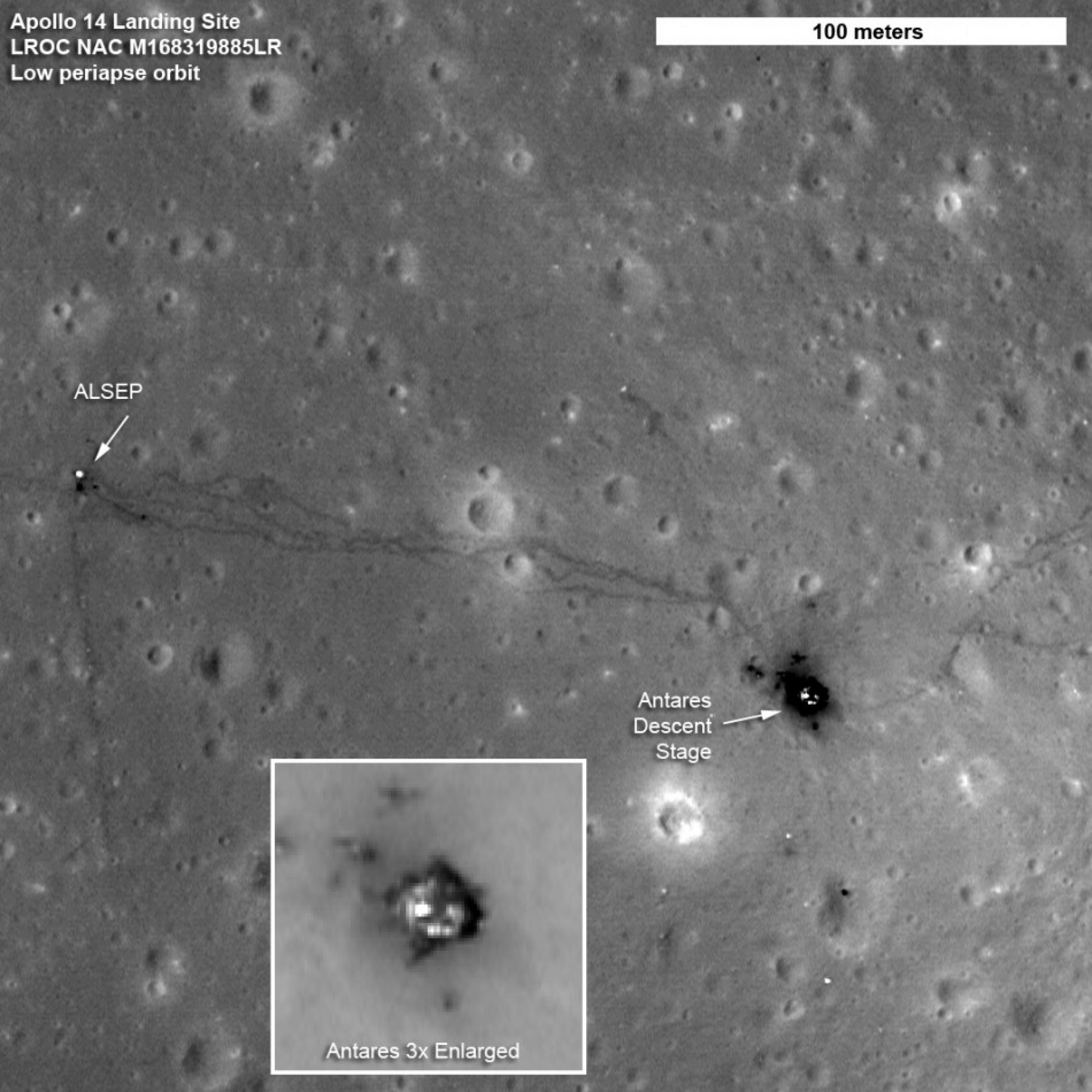 The paths left by astronauts Alan Shepard and Edgar Mitchell on both Apollo 14 moon walks are visible in this LRO image