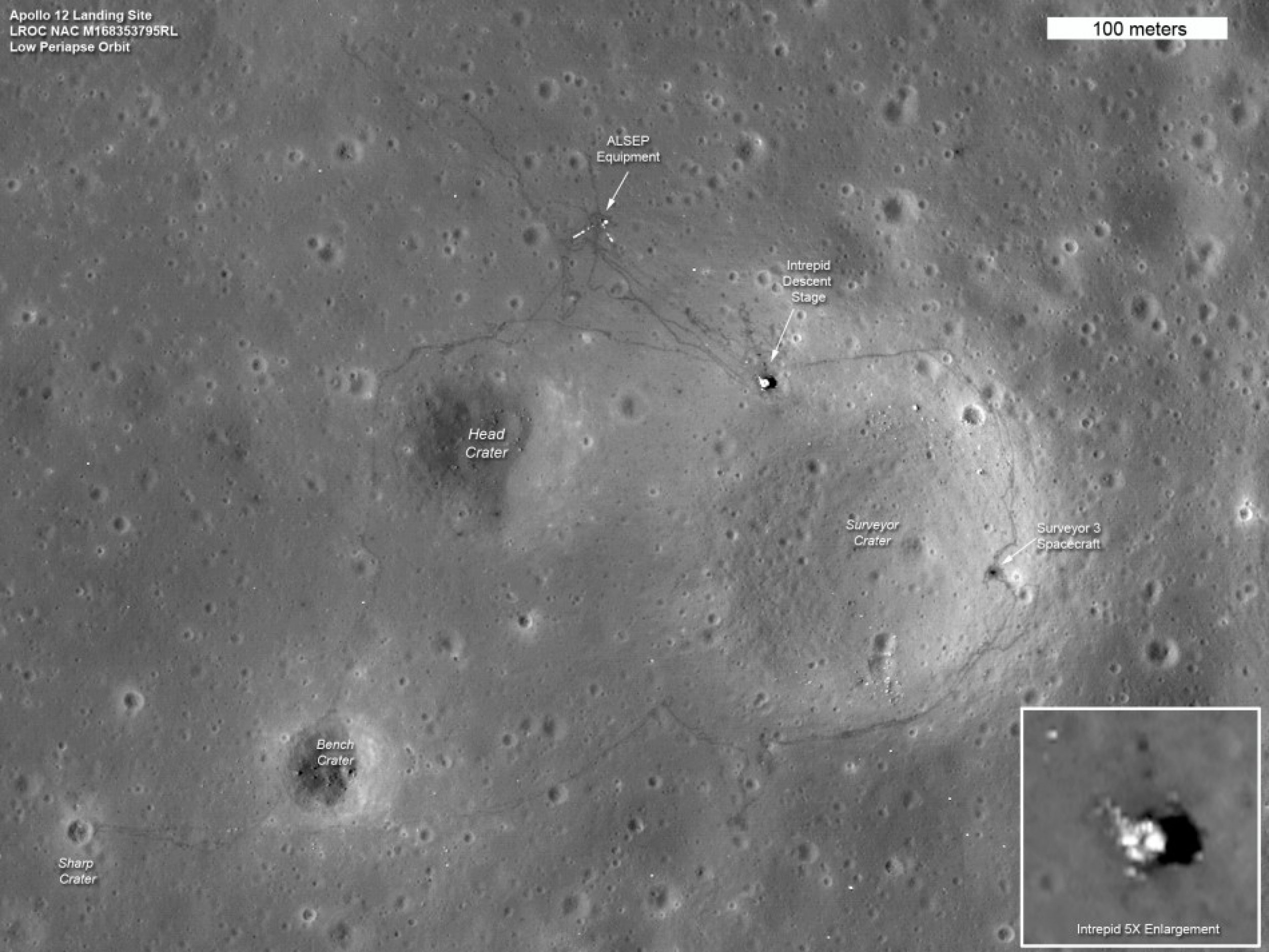 The tracks made in 1969 by astronauts Pete Conrad and Alan Bean, the third and fourth humans to walk on the moon, can be seen in this LRO image of the Apollo 12 site.