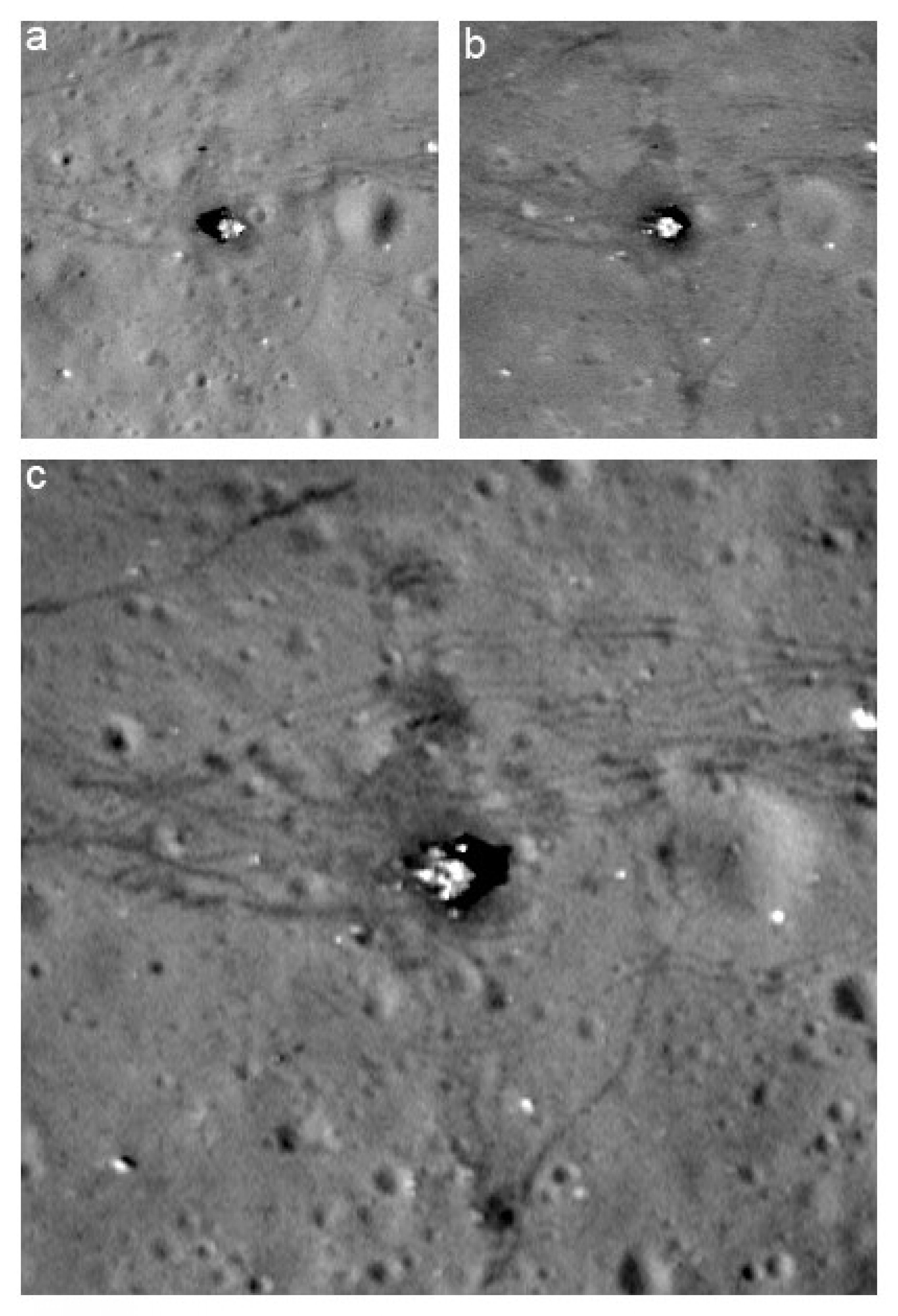 Resolution comparison between nominal orbit images of the Apollo 17 landing site a, b and the new low orbit image