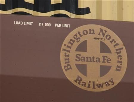 Burlington Northern Santa Fe logo is seen on a train in Cicero