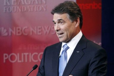 Texas Governor Rick Perry speaks druing the Reagan Centennial GOP presidential primary debate in Simi Valley