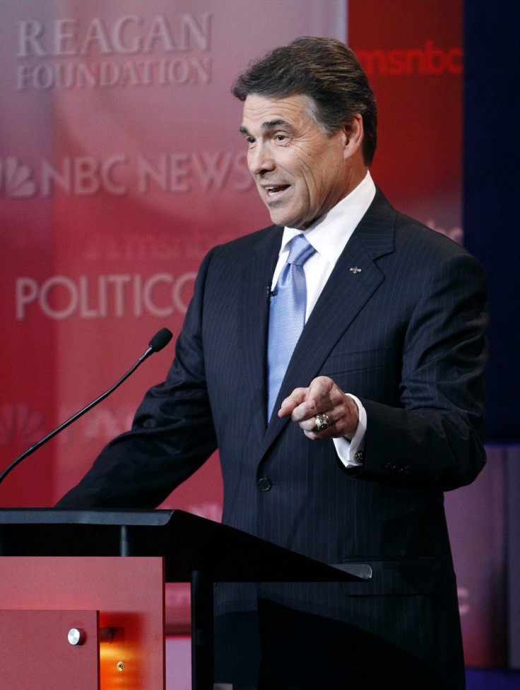 Texas Governor Rick Perry speaks druing the Reagan Centennial GOP presidential primary debate in Simi Valley