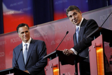 Romney and Perry are shown before the Reagan Centennial GOP presidential primary debate in Simi Valley