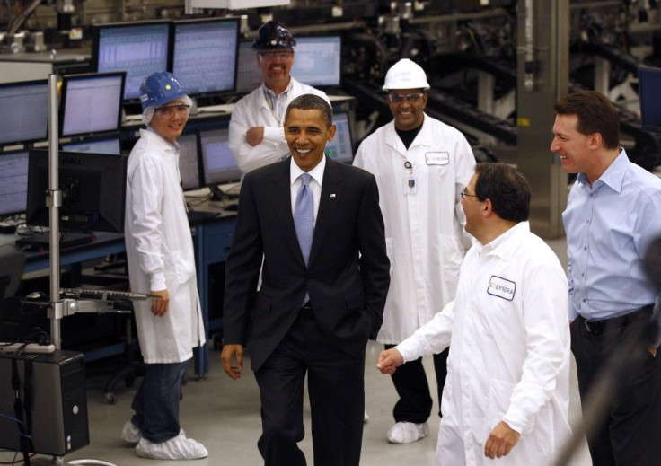 U.S. President Barack Obama tours Solyndra, Inc., a solar panel manufacturing facility in Fremont