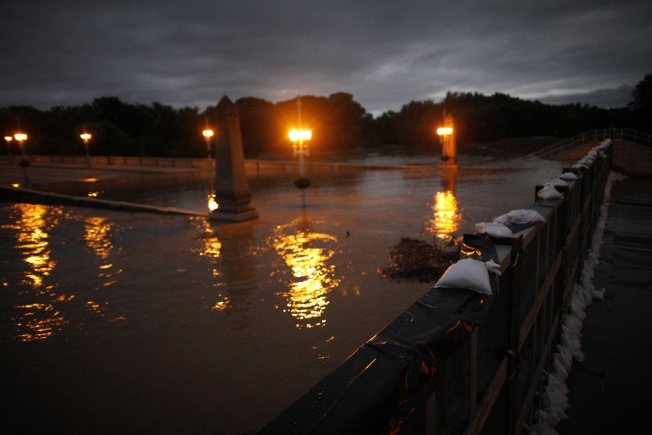 Sandbags are seen atop a flood wall on the Susquehanna River in Kingston