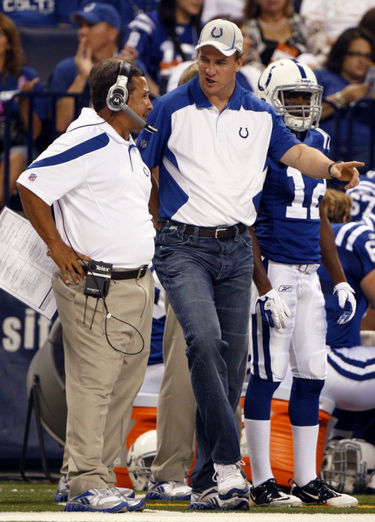 Colts Peyton Manning and Clyde Christensen talk during a preseason NFL football game in Indianapolis