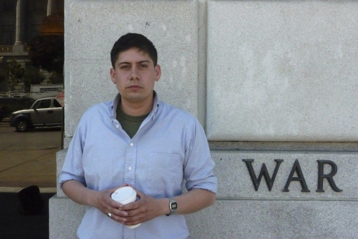 Iraq war veteran Jordan Towers poses at the War Memorial building in San Francisco