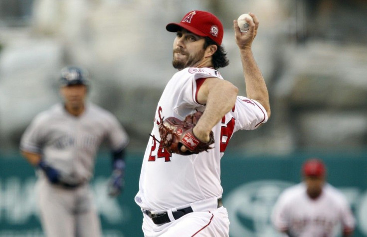 Angels starting pitcher Haren works against the Yankees during the first inning of their MLB American League baseball game in Anaheim