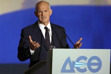 Greece's PM Papandreou addresses the audience at the International Trade fair of Thessaloniki in northern Greece