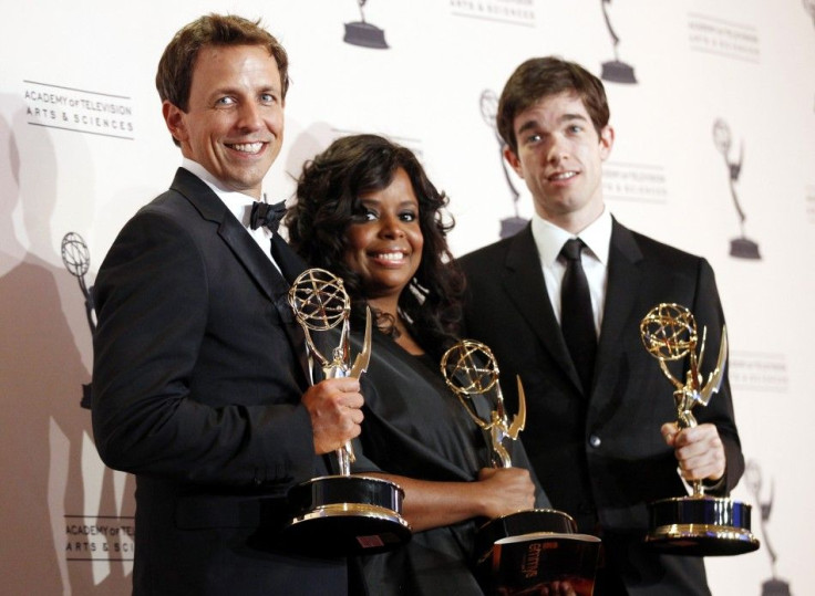 Actors Seth Meyers (L), writer Katreese Barnes (C), and writer John Mulaney (R) pose with their awards for Outstanding Original Music and Lyrics for the &quot;Saturday Night Live&quot; song &quot;Justin Timberlake Monologue&quot; backstage at the 2011 Pri