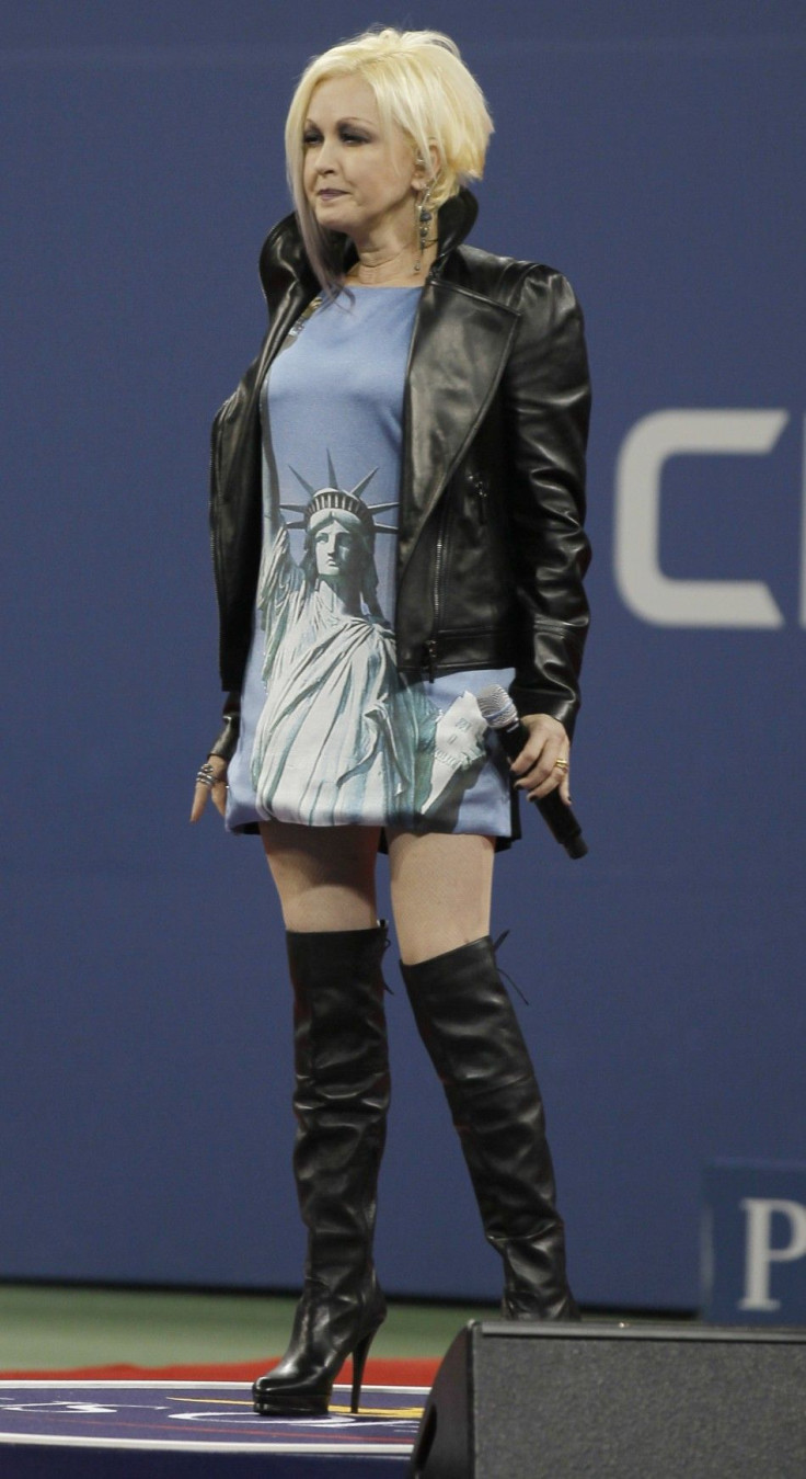 Singer Cyndi Lauper sings the National Anthem before the women&#039;s tennis semi-final between Serena Williams of the U.S. and Caroline Wozniacki of Denmark at the U.S. Open tennis tournament in New York, September 10, 2011.