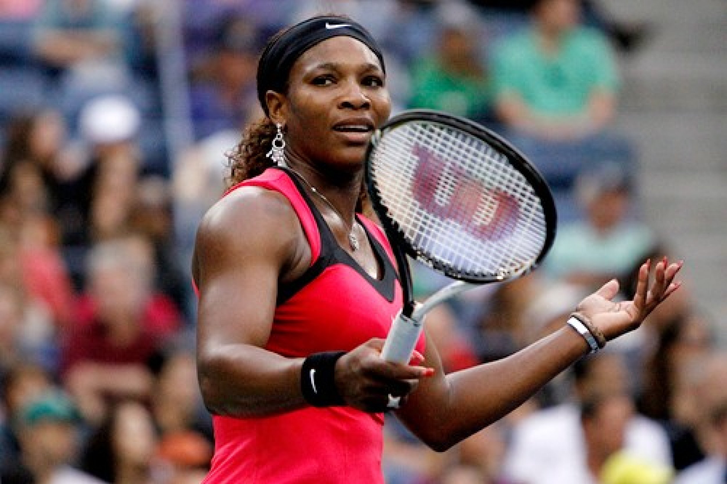 Serena Williams USA getting frustrated against Samantha Stosur AUS