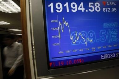 A chart showing the blue chip Hang Seng Index is displayed at a brokerage in Hong Kong