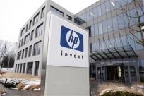 HP logo is seen outside Hewlett-Packard Belgian headquarters in Diegem