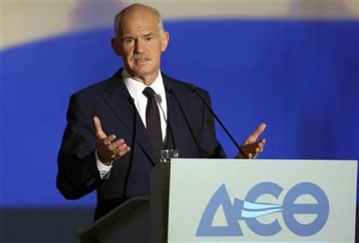 Greece&#039;s PM Papandreou addresses the audience at the International Trade fair of Thessaloniki in northern Greece