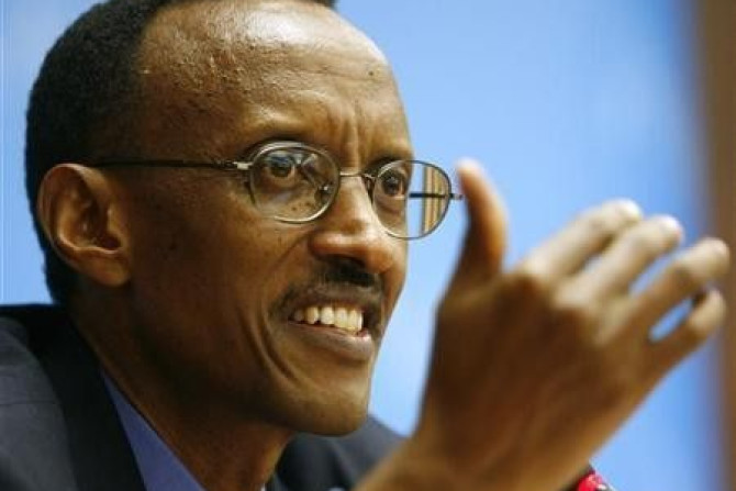 Rwandan President Paul Kagame gestures during a news conference at the International Telecommunication Union 