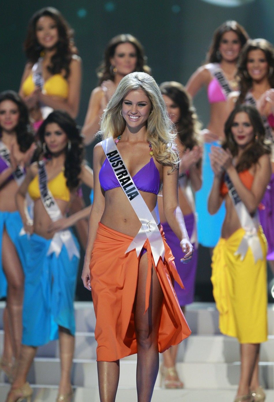 Miss Australia Sherri-lee Biggs steps forward after being chosen among the final ten contestants of the Miss Universe 2011 pageant in Sao Paulo