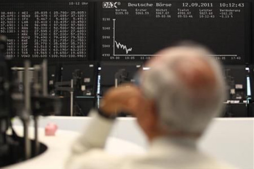 Trader reacts in front of the DAX board at the Frankfurt stock exchange