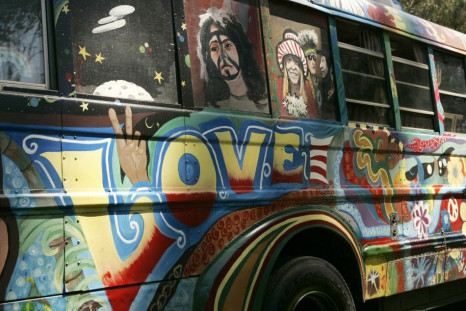 A bus designed with colorful art from the 1960&#039;s, is shown during the &quot;Summer of Love&quot; 40th anniversary concert at Golden Gate Park in San Francisco