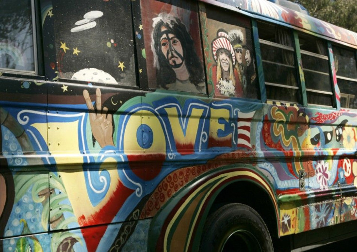 A bus designed with colorful art from the 1960&#039;s, is shown during the &quot;Summer of Love&quot; 40th anniversary concert at Golden Gate Park in San Francisco